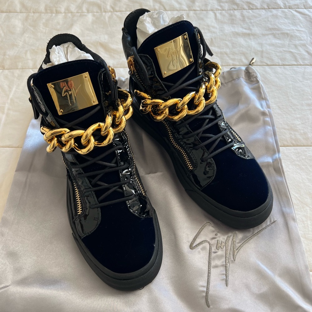 Giuseppe Zanotti Men’s Black Velvet & Patent High-Top Sneakers with Gold Chain